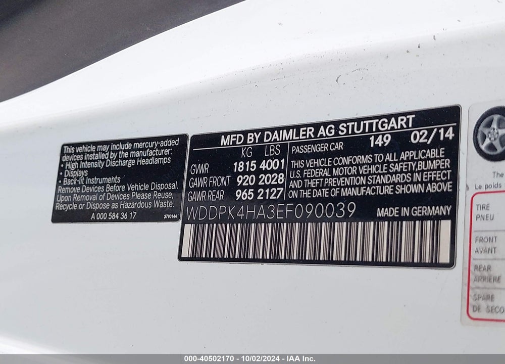2014 MERCEDES-BENZ SLK 250 VIN: WDDPK4HA3EF090039