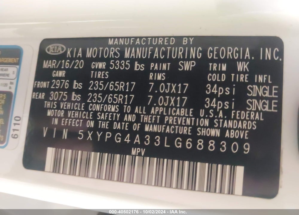 2020 KIA SORENTO 2.4L LX VIN: 5XYPG4A33LG688309