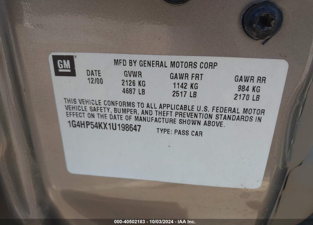 2001 BUICK LESABRE CUSTOM VIN: 1G4HP54KX1U198647