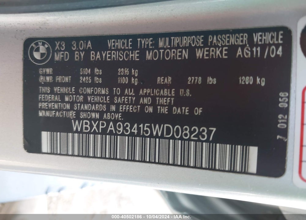 2005 BMW X3 3.0I VIN: WBXPA93415WD08237