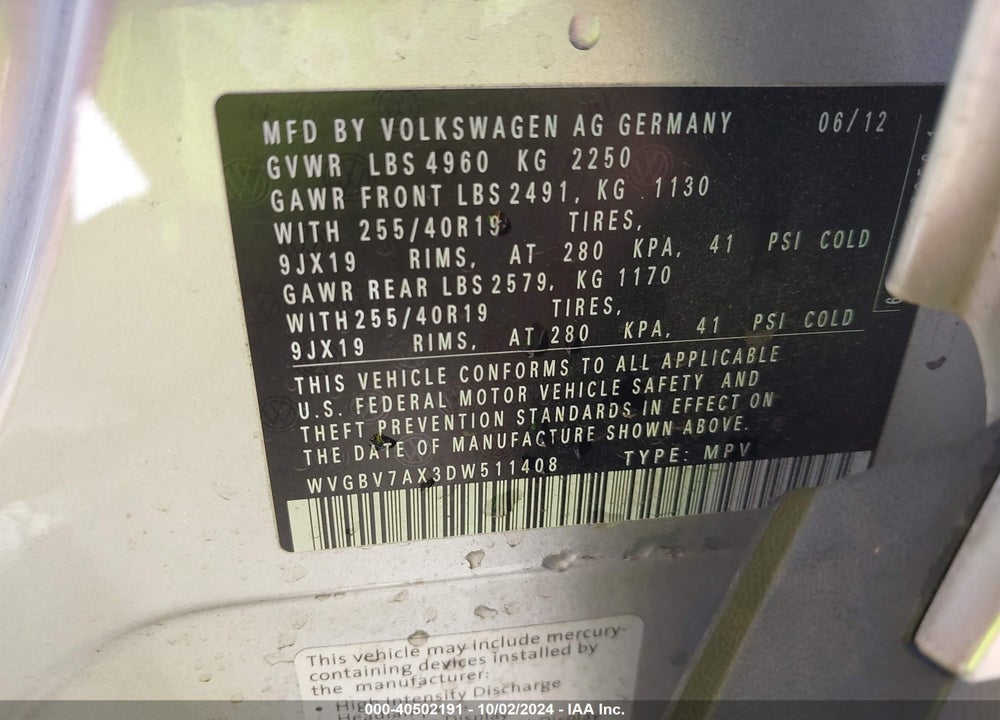 2013 VOLKSWAGEN TIGUAN SEL VIN: WVGBV7AX3DW511408