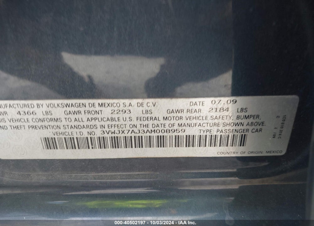 2010 VOLKSWAGEN JETTA S VIN: 3VWJX7AJ3AM008959