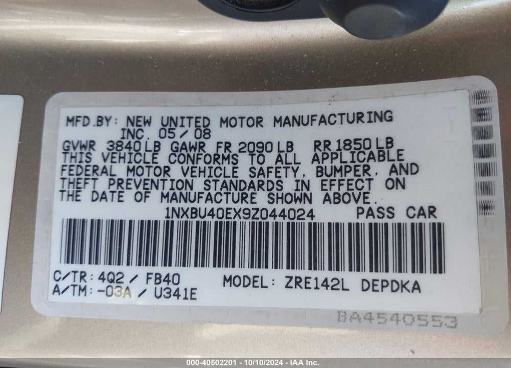 2009 TOYOTA COROLLA LE VIN: 1NXBU40EX9Z044024
