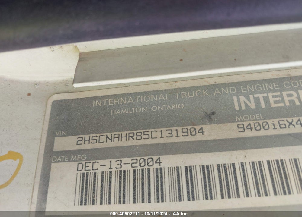 2005 INTERNATIONAL 9400 9400I VIN: 2HSCNAHR85C131904