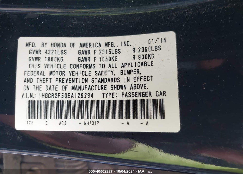 2014 HONDA ACCORD SPORT VIN: 1HGCR2F50EA129294