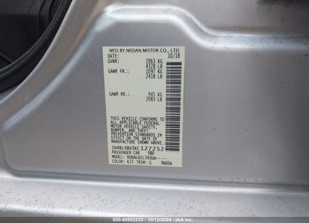 2019 NISSAN ALTIMA 2.5 S VIN: 1N4BL4BV3KC127252
