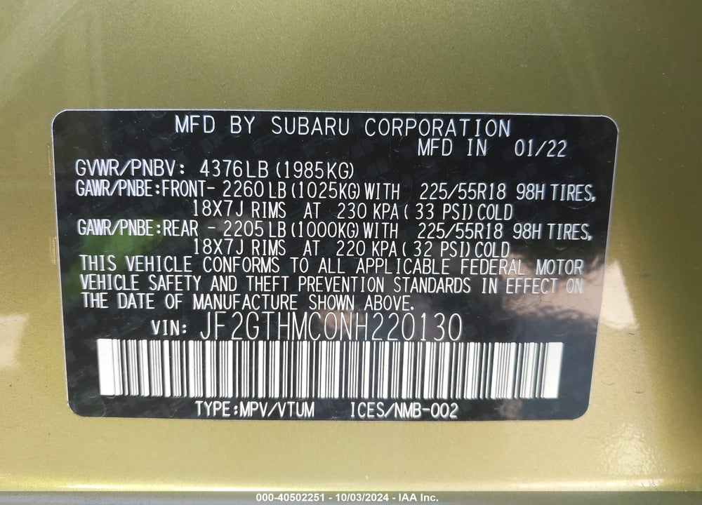 2022 SUBARU CROSSTREK LIMITED VIN: JF2GTHMC0NH220130