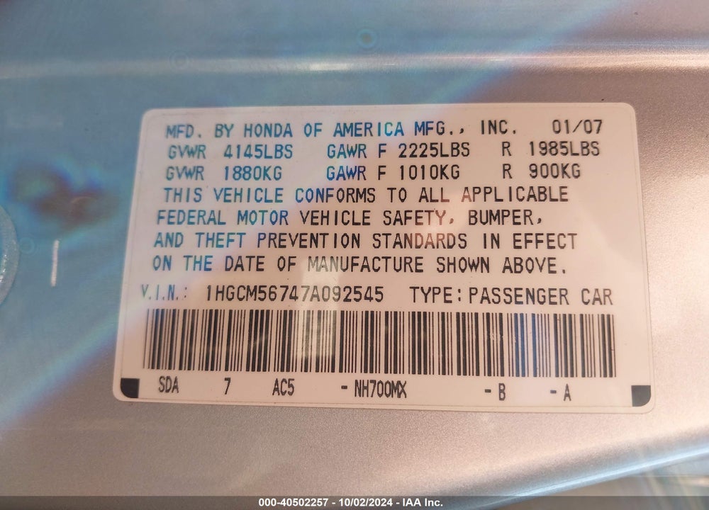 2007 HONDA ACCORD 2.4 EX VIN: 1HGCM56747A092545