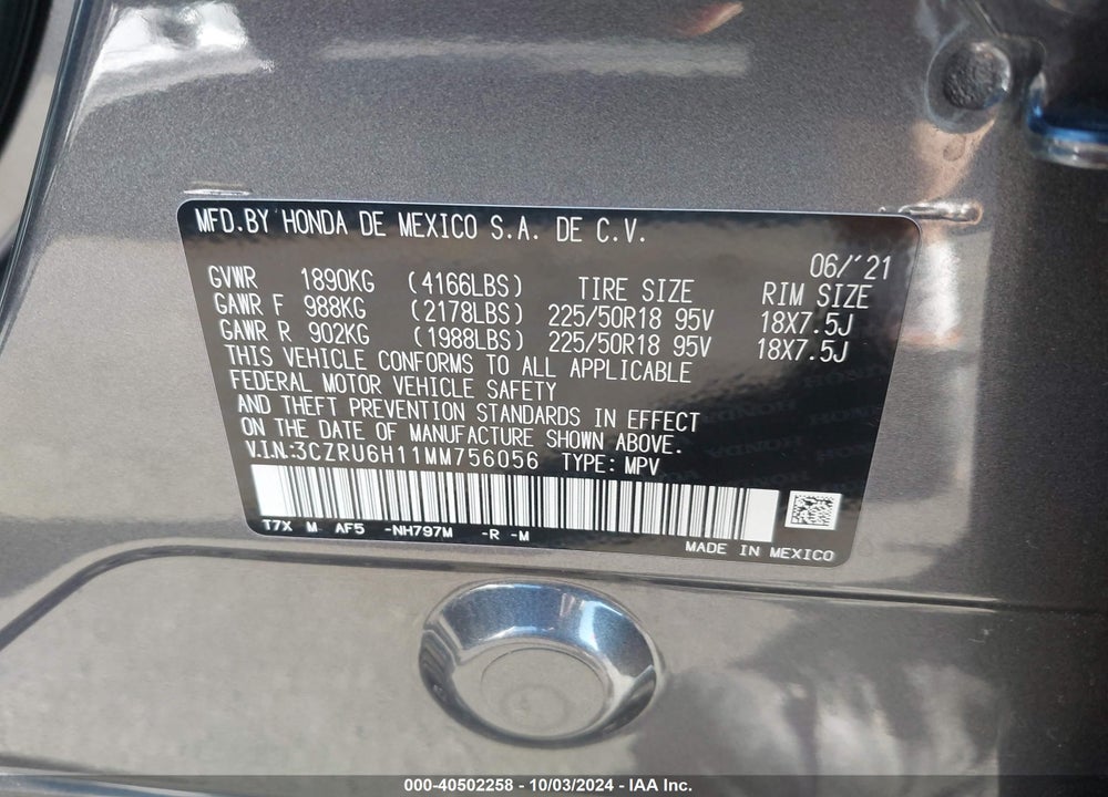 2021 HONDA HR-V AWD SPORT VIN: 3CZRU6H11MM756056