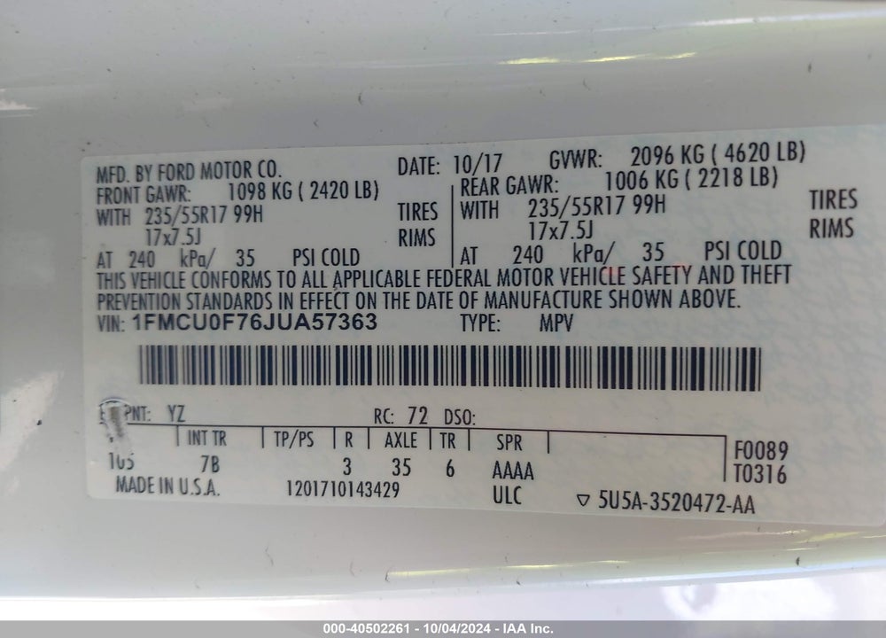 2018 FORD ESCAPE S VIN: 1FMCU0F76JUA57363