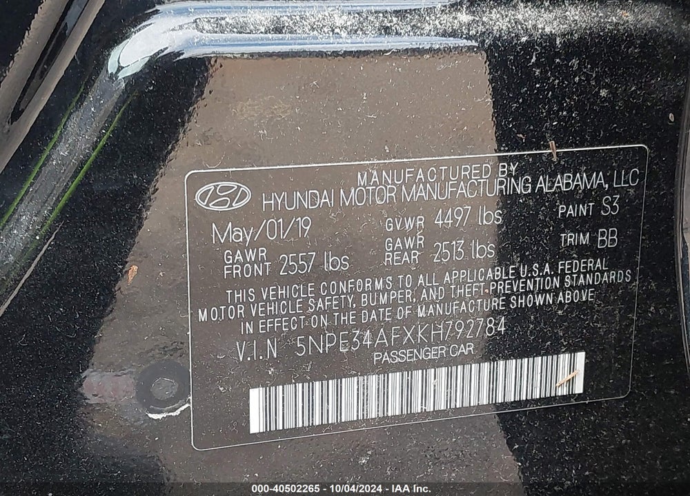 2019 HYUNDAI SONATA SEL VIN: 5NPE34AFXKH792784
