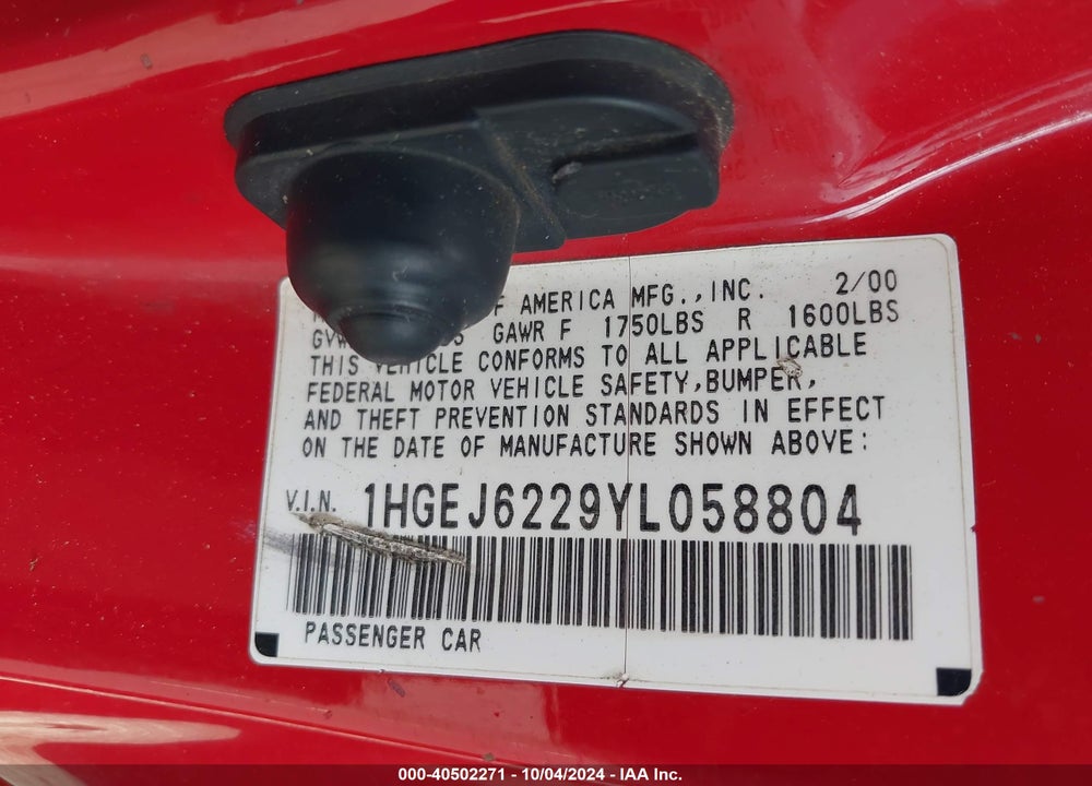 2000 HONDA CIVIC DX VIN: 1HGEJ6229YL058804