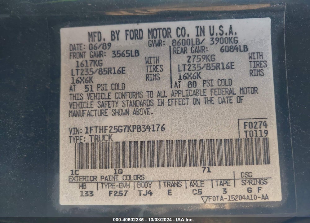 1989 FORD F250 VIN: 1FTHF25G7KPB34176