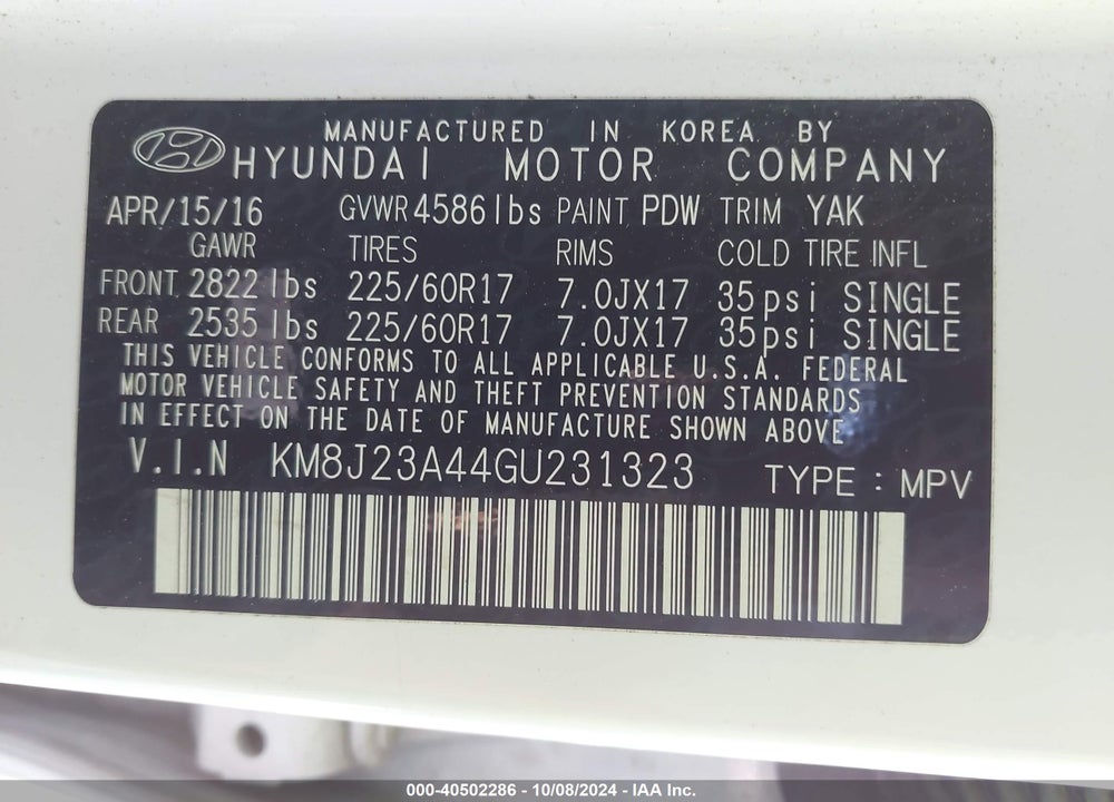 2016 HYUNDAI TUCSON SE VIN: KM8J23A44GU231323