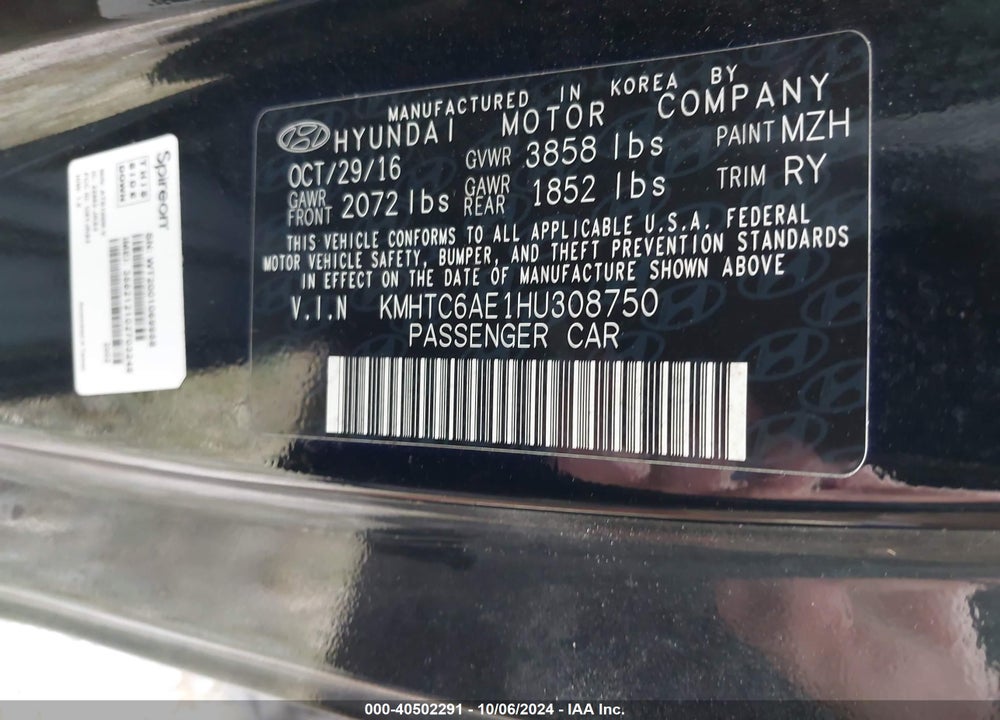 2017 HYUNDAI VELOSTER TURBO VIN: KMHTC6AE1HU308750