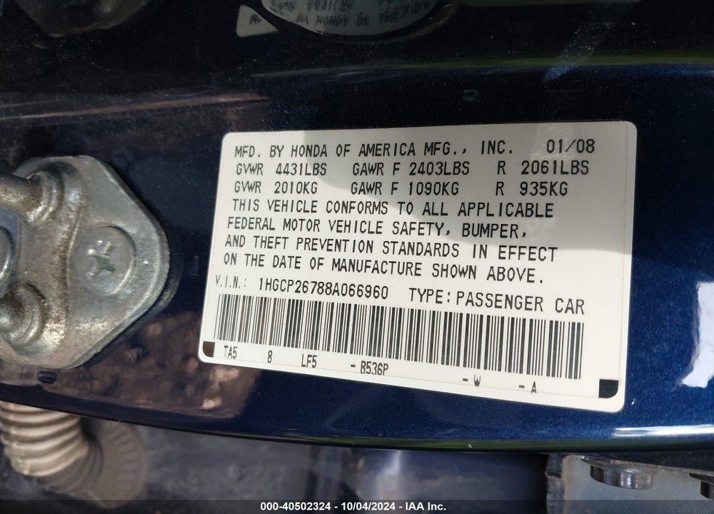 2008 HONDA ACCORD SDN EX VIN: 1HGCP26788A066960
