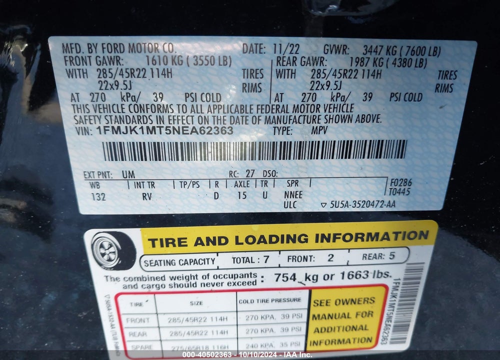 2022 FORD EXPEDITION PLATINUM MAX VIN: 1FMJK1MT5NEA62363