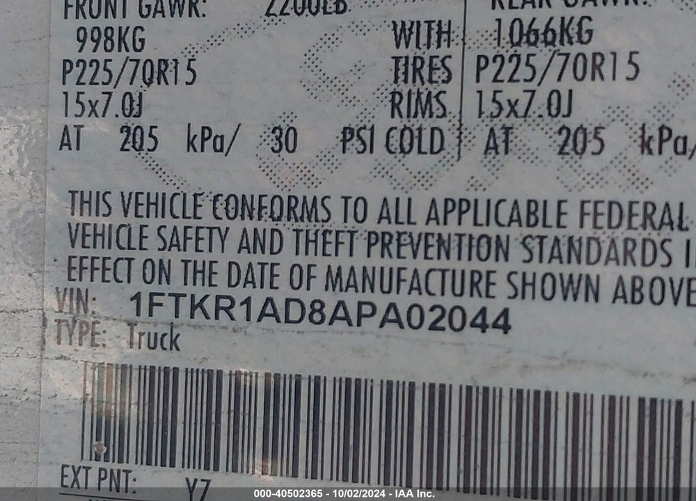 2010 FORD RANGER XLT VIN: 1FTKR1AD8APA02044