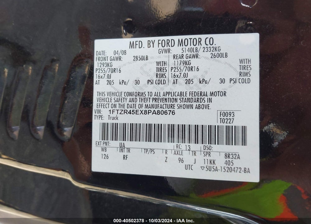 2008 RANGER FORD  FX4 OFF-ROAD/SPORT/XLT VIN: 1FTZR45EX8PA80676