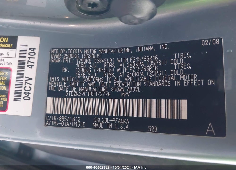2008 TOYOTA SIENNA XLE VIN: 5TDZK22C18S172728