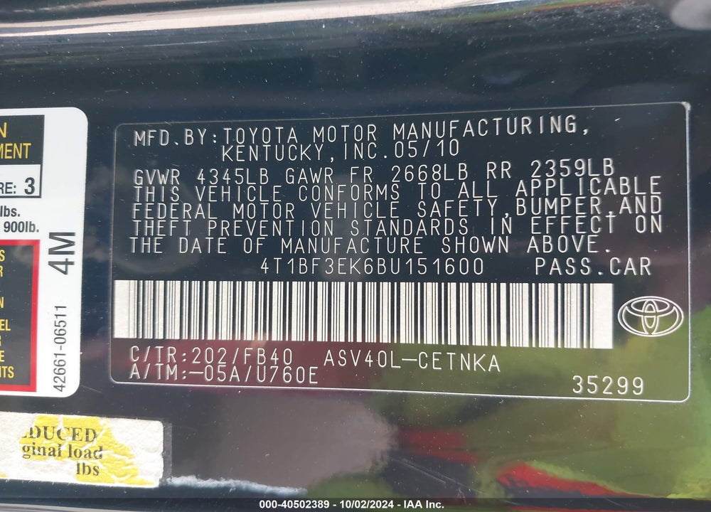 2011 TOYOTA CAMRY LE VIN: 4T1BF3EK6BU151600