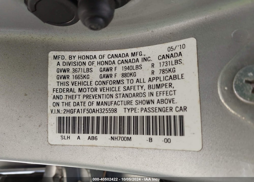 2010 HONDA CIVIC LX VIN: 2HGFA1F50AH325598