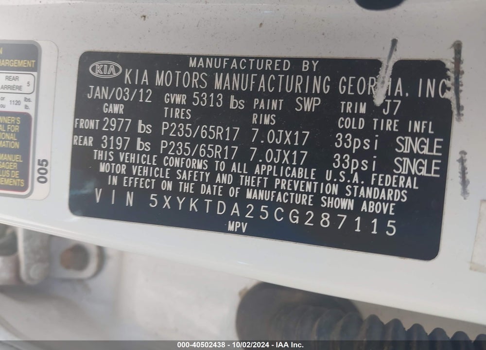 2012 KIA SORENTO LX V6 VIN: 5XYKTDA25CG287115