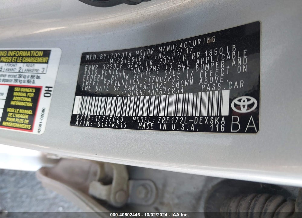2017 TOYOTA COROLLA SE VIN: 5YFBURHE1HP670854
