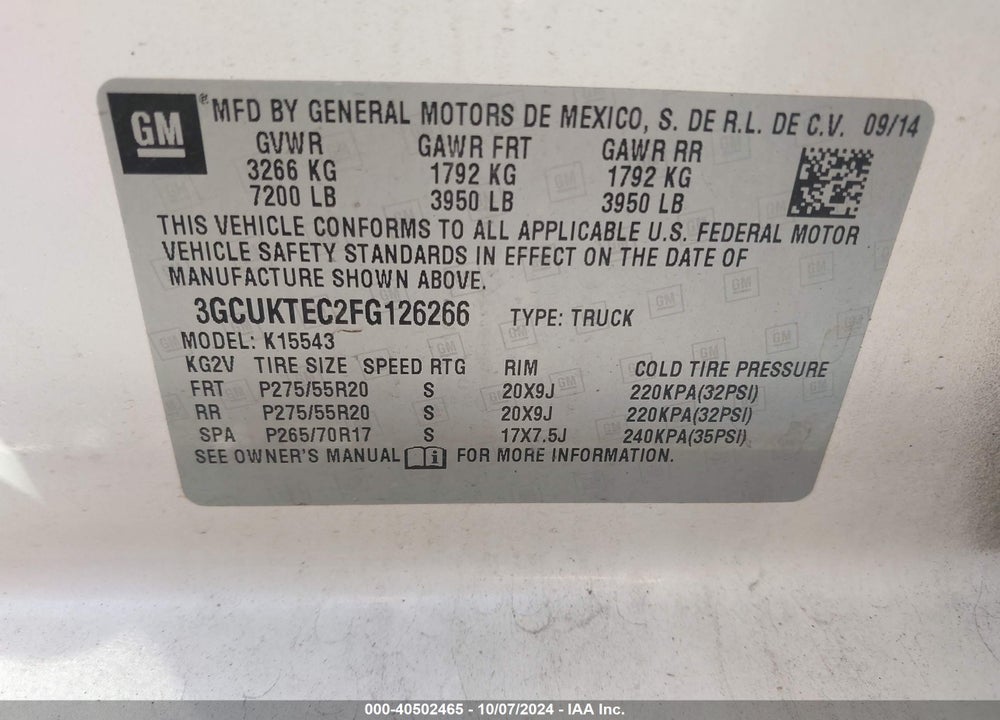 2015 CHEVROLET SILVERADO 1500 HIGH COUNTRY VIN: 3GCUKTEC2FG126266