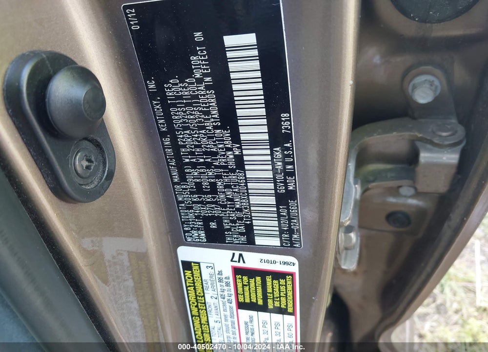 2012 TOYOTA VENZA XLE V6 VIN: 4T3ZK3BBXCU046887