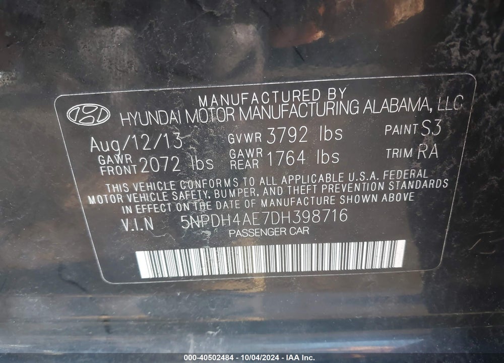 2013 HYUNDAI ELANTRA GLS VIN: 5NPDH4AE7DH398716