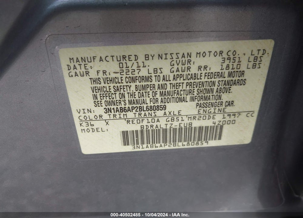 2011 NISSAN SENTRA 2.0S VIN: 3N1AB6AP2BL680859