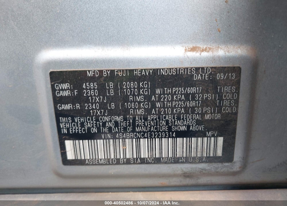 2014 SUBARU OUTBACK 2.5I LIMITED VIN: 4S4BRCNC4E3239314