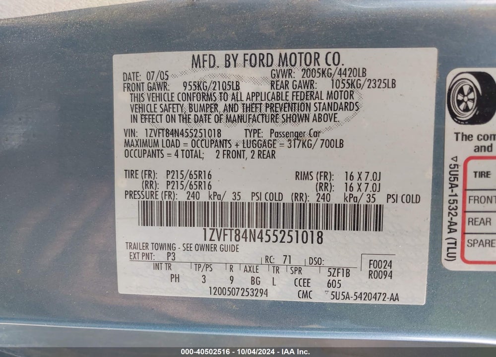 2005 FORD MUSTANG VIN: 1ZVFT84N455251018