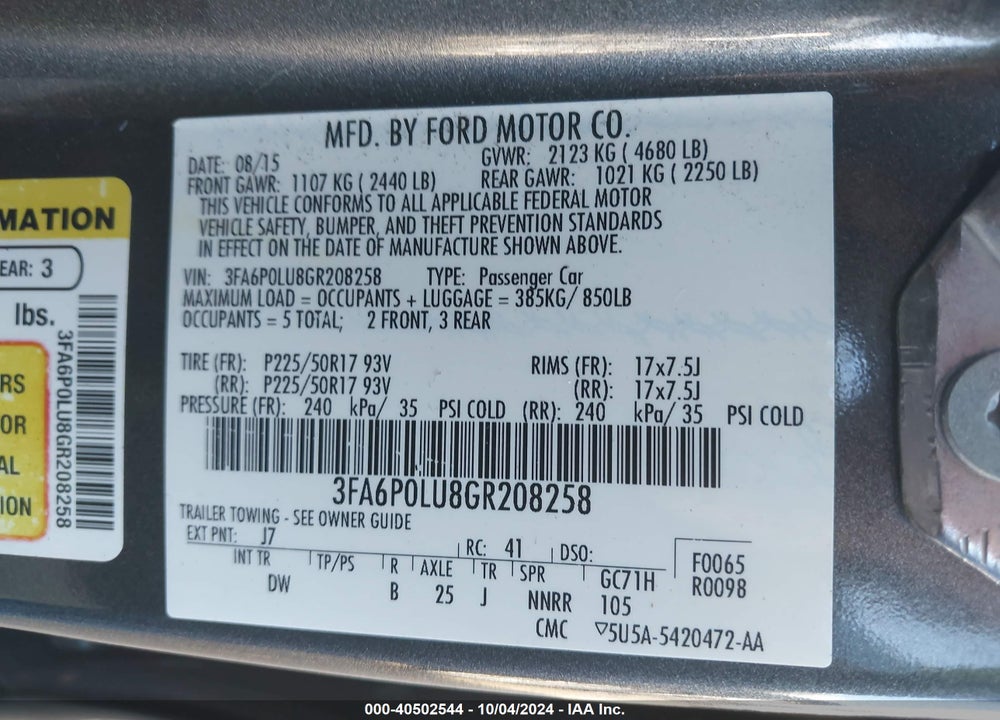 2016 FORD FUSION HYBRID SE VIN: 3FA6P0LU8GR208258