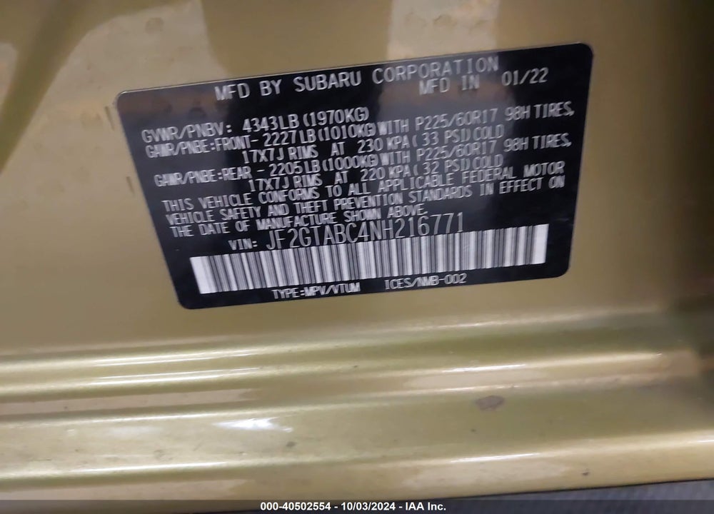 2022 SUBARU CROSSTREK VIN: JF2GTABC4NH216771