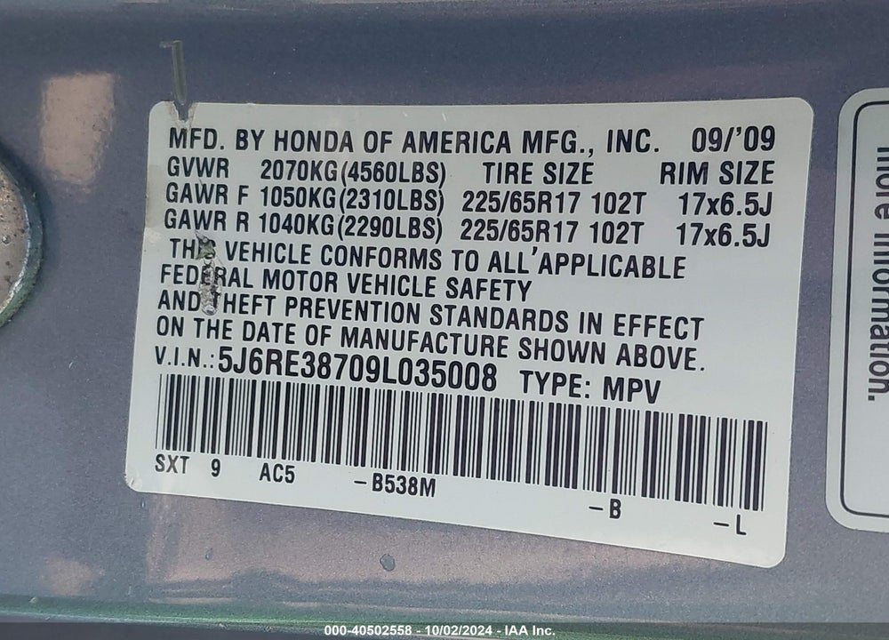 2009 HONDA CR-V EX-L VIN: 5J6RE38709L035008