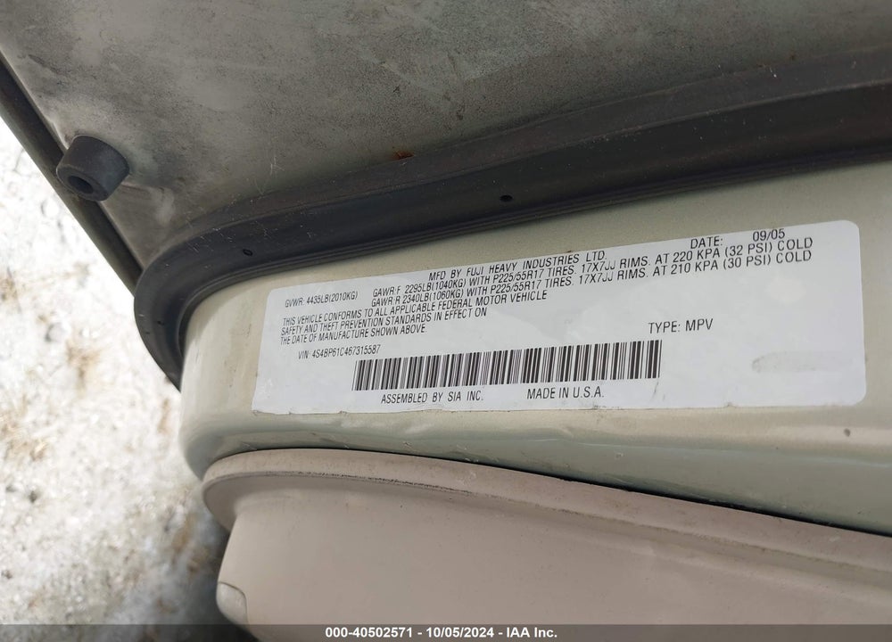 2006 SUBARU OUTBACK 2.5I VIN: 4S4BP61C467315587