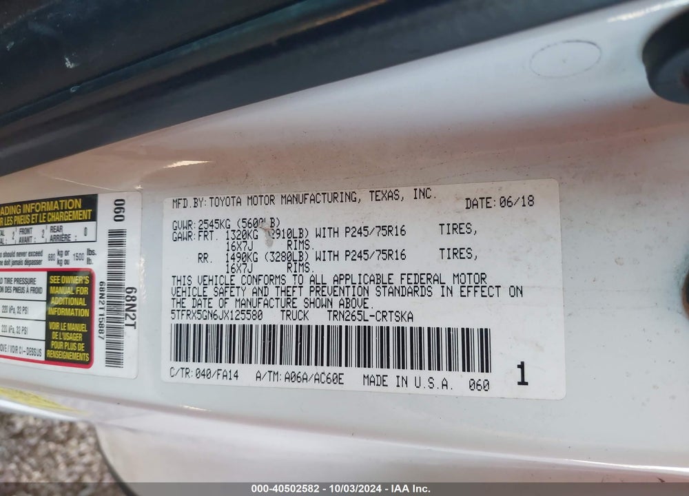 2018 TOYOTA TACOMA SR VIN: 5TFRX5GN6JX125580