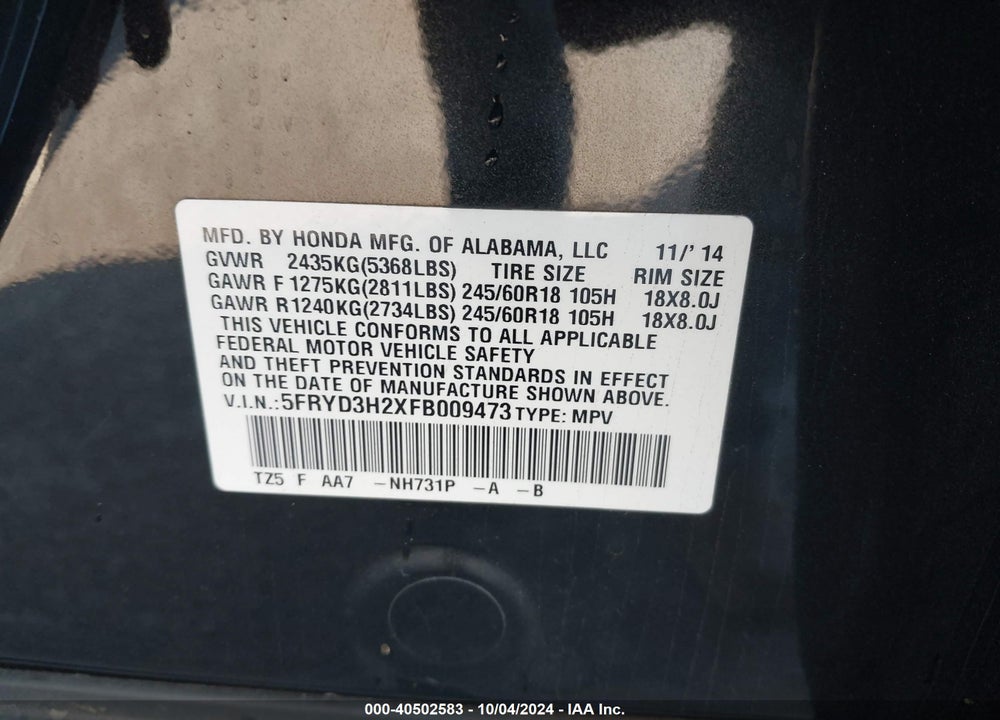 2015 ACURA MDX VIN: 5FRYD3H2XFB009473