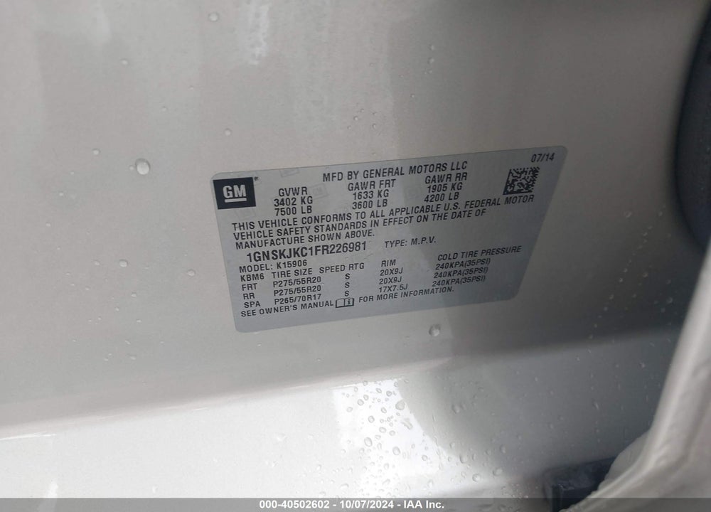 2015 CHEVROLET SUBURBAN 1500 LT VIN: 1GNSKJKC1FR226981
