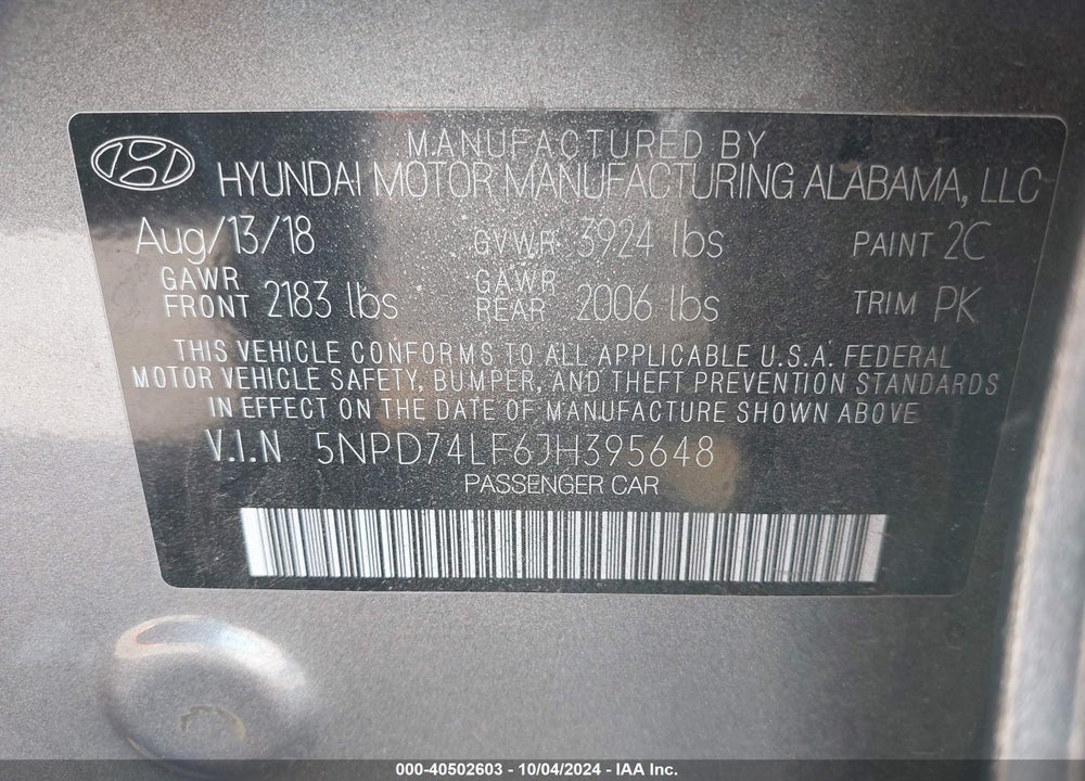 2018 HYUNDAI ELANTRA SE VIN: 5NPD74LF6JH395648