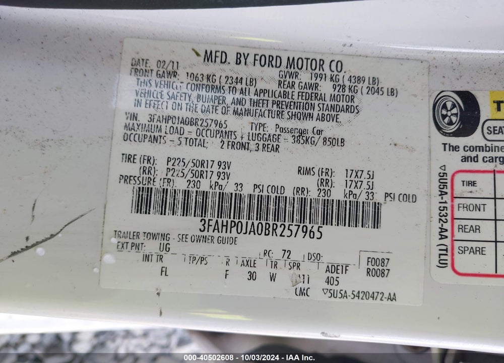 2011 FORD FUSION SEL VIN: 3FAHP0JA0BR257965