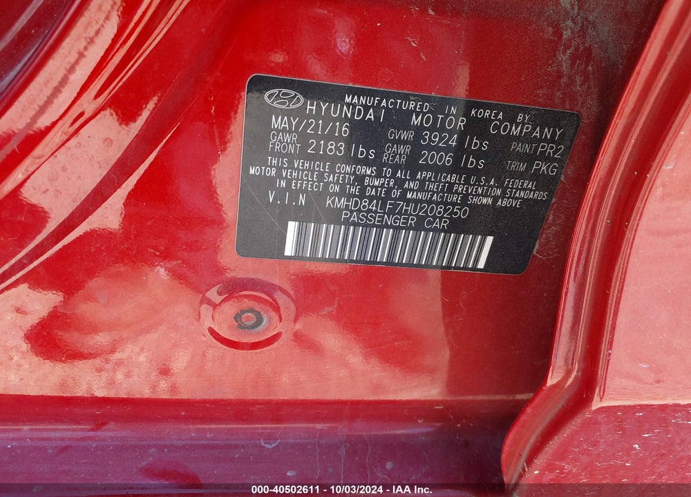 2017 HYUNDAI ELANTRA SE VIN: KMHD84LF7HU208250