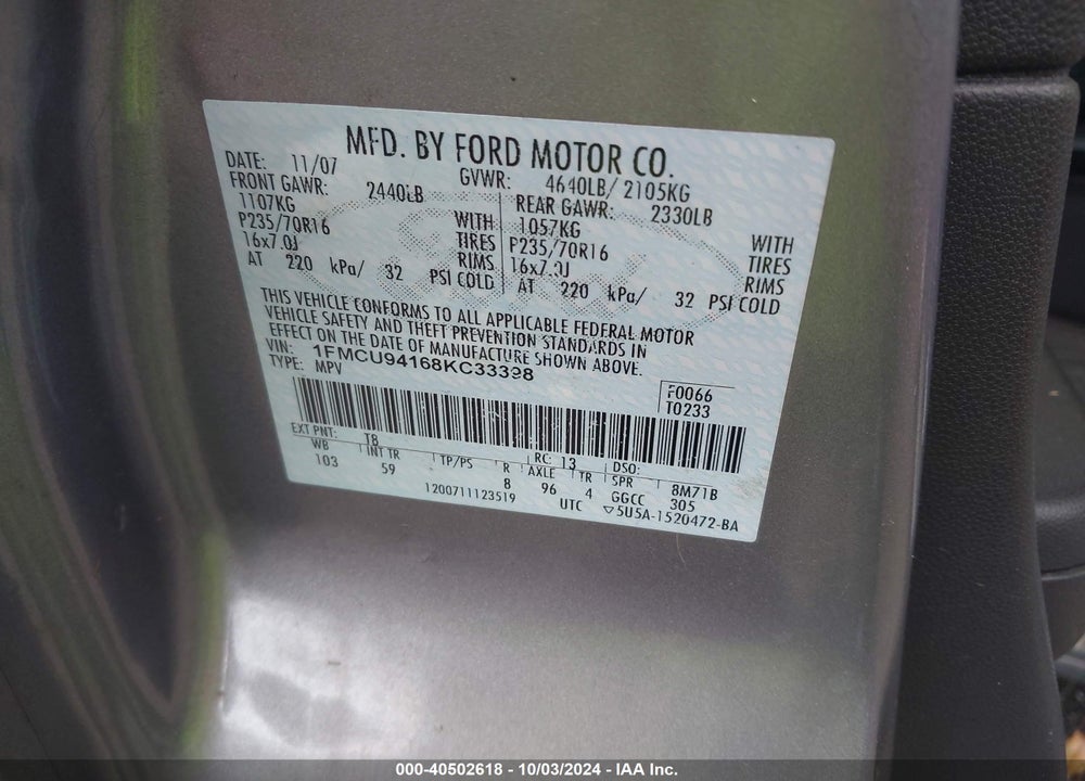 2008 FORD ESCAPE LIMITED VIN: 1FMCU94168KC33398