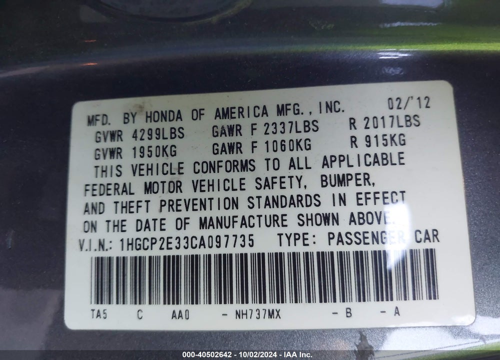 2012 HONDA ACCORD 2.4 LX VIN: 1HGCP2E33CA097735
