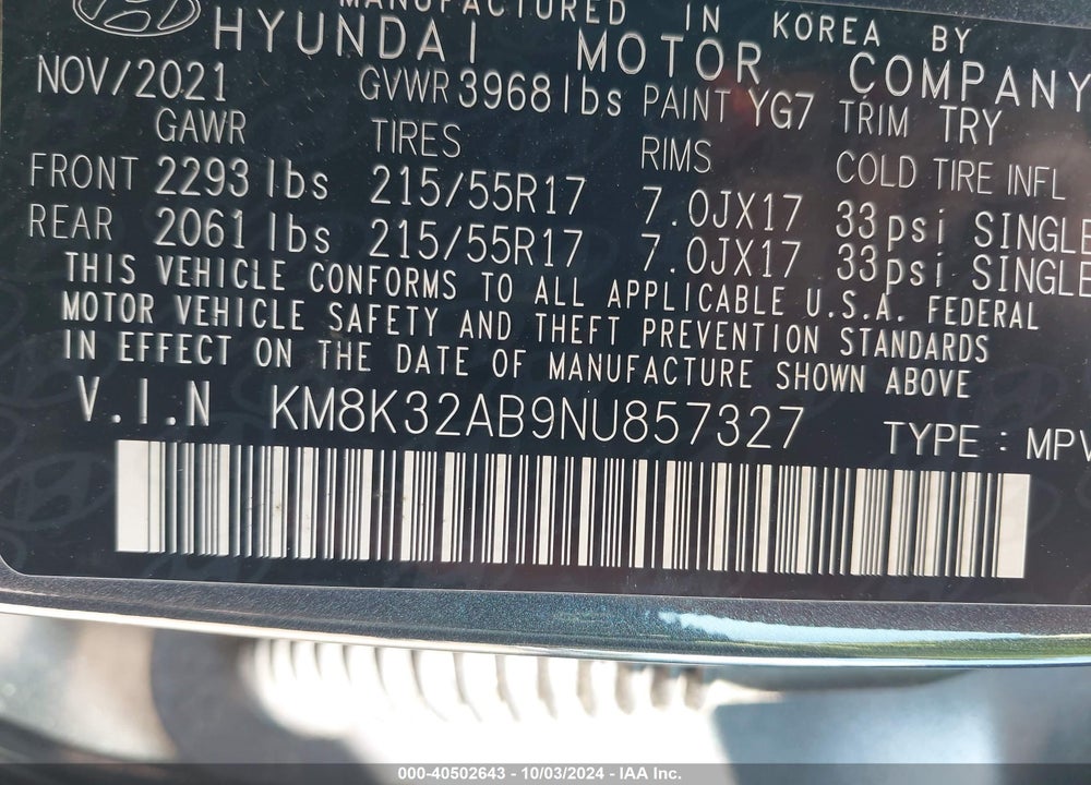 2022 HYUNDAI KONA SEL VIN: KM8K32AB9NU857327