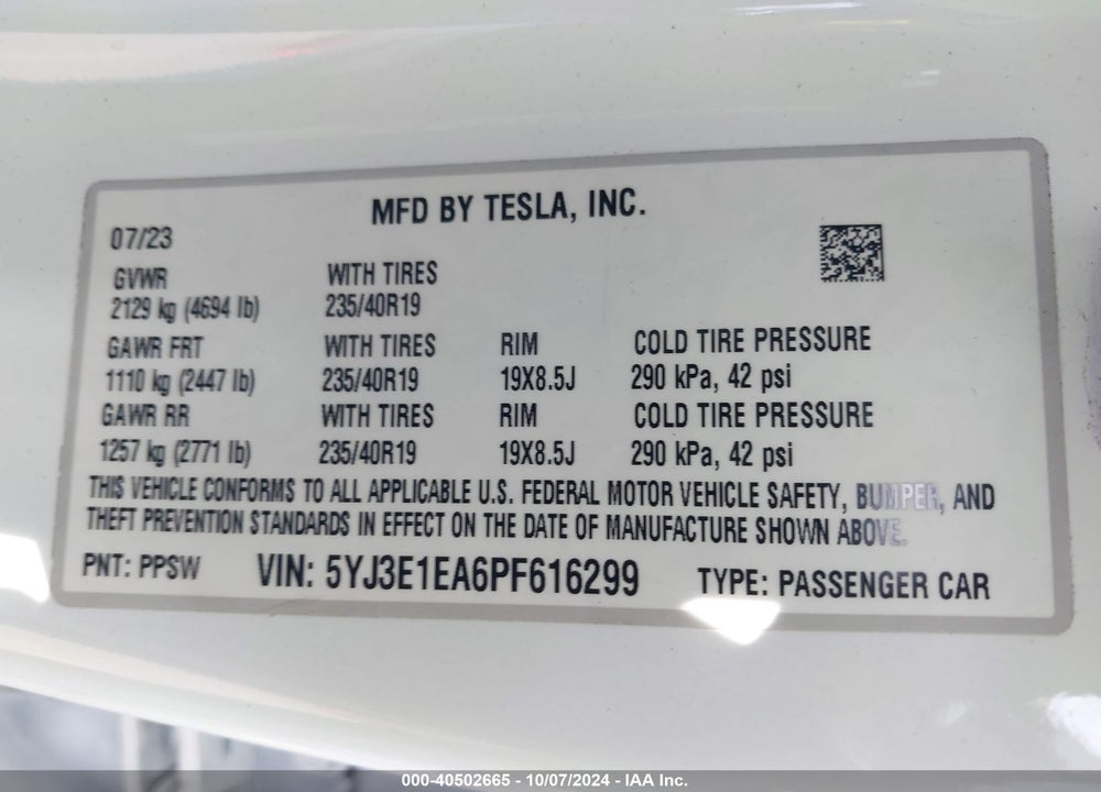 2023 TESLA MODEL 3 REAR-WHEEL DRIVE VIN: 5YJ3E1EA6PF616299