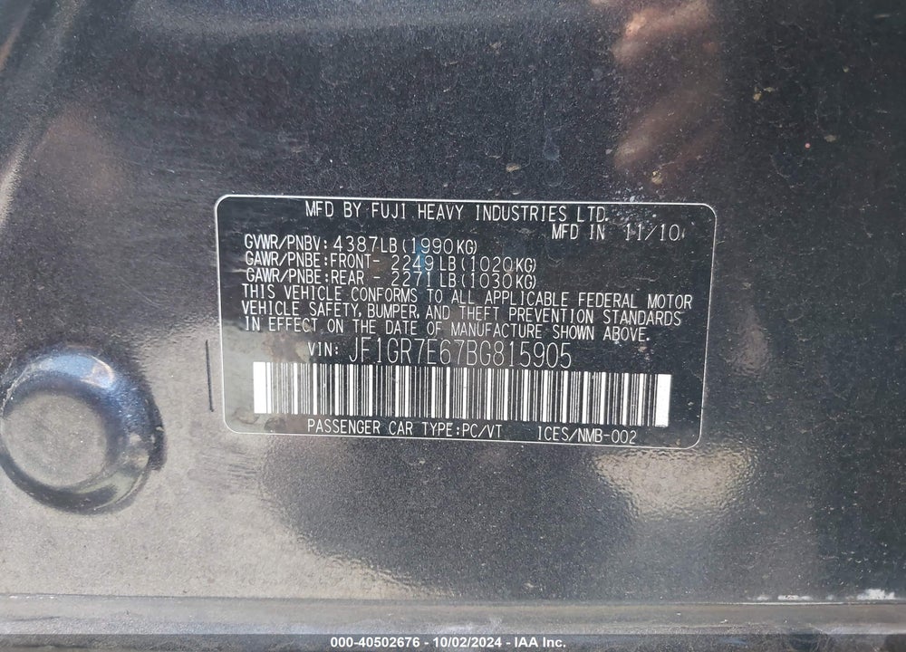 2011 SUBARU IMPREZA VIN: JF1GR7E67BG815905