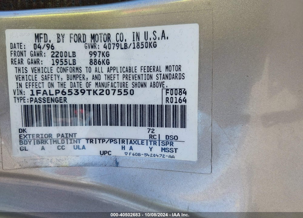 1996 FORD CONTOUR GL/SPORT VIN: 1FALP6539TK207550